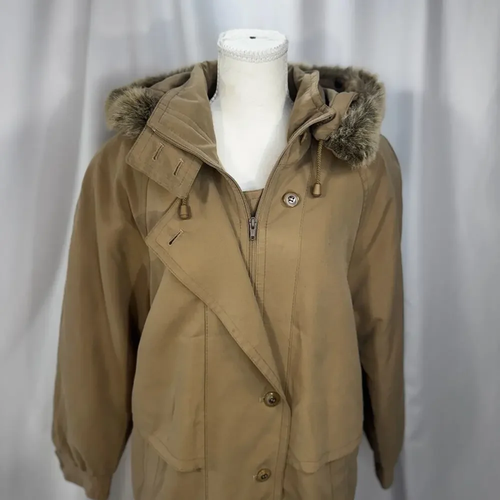 Vintage Camel Maxi Hooded Parka Fur Trim Insulated Winter Coat Made England XL - Picture 7 of 16